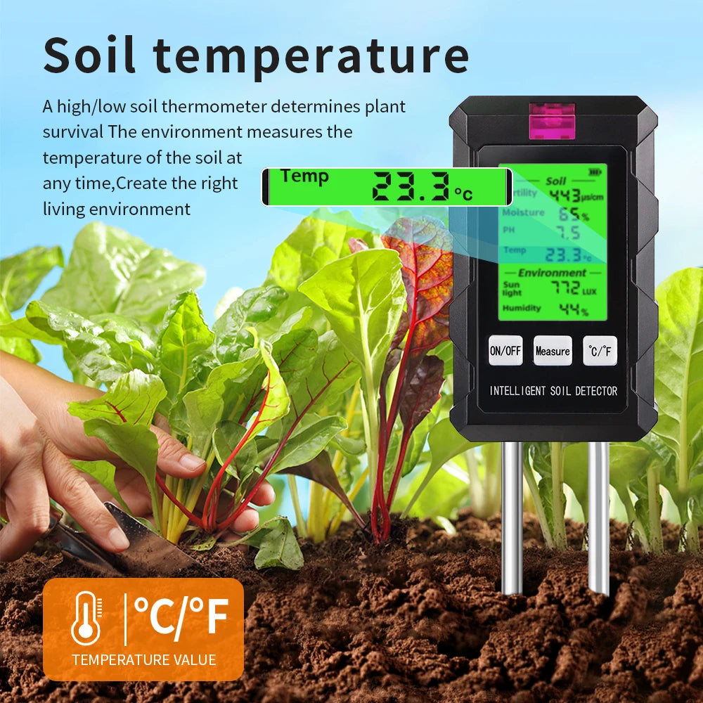 6 in 1 Soil Tester - pH, Temperature, Humidity, Sunlight, Air, Moisture & Nutrient Fertility Meter for Gardening