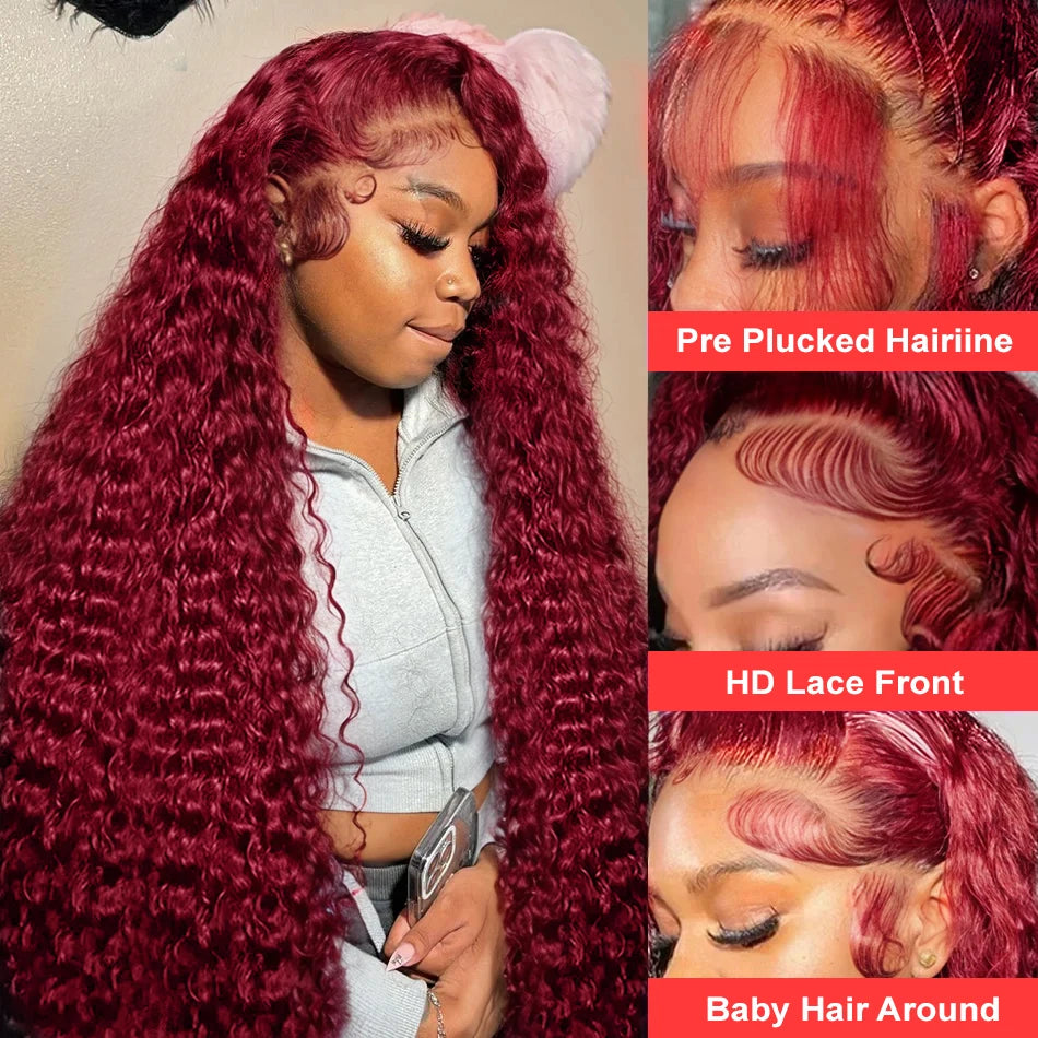 Deep Wave 99J Burgundy Lace Front Wig – 13x6 Lace Frontal Human Hair Wig, 13x4 Transparent Brazilian Colored Water Wave Wig