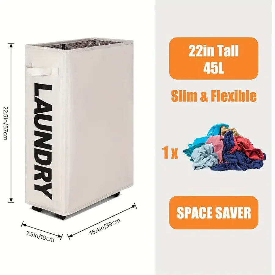 Slim Belt Pulley Laundry Basket: 42 Litre Wheel with Handle - Folding Design, Drawstring Net, Corn Pattern