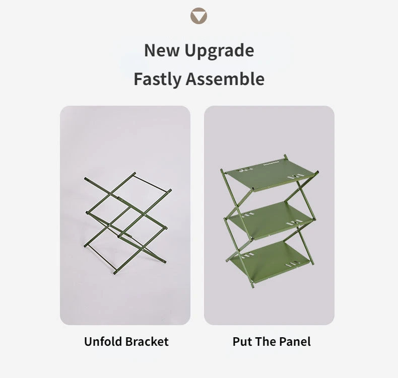 MOUNTAINHIKER Three-Tier Folding Rack – Portable Outdoor Storage Shelf for Camping, Picnic, BBQ & Garden Use