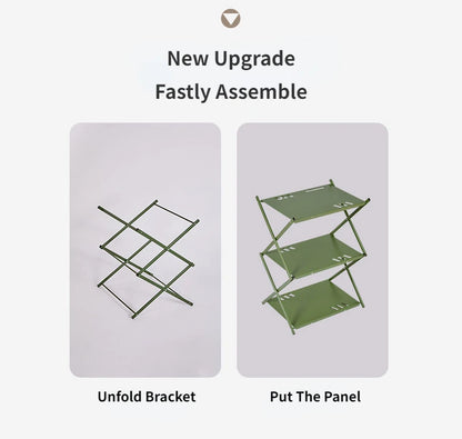 MOUNTAINHIKER Three-Tier Folding Rack – Portable Outdoor Storage Shelf for Camping, Picnic, BBQ & Garden Use