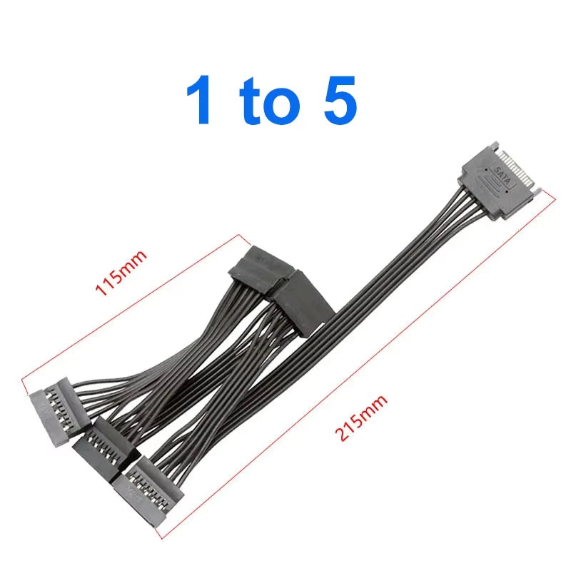15-Pin SATA Power Splitter Cable - 1 Male to 3/4/5/6 Female Hard Drive Power Extension Adapter for DIY PC & Server