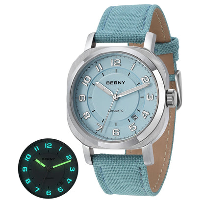 BERNY Women’s Mechanical Watch — Self-Wind Pillow Cushion Design with Sapphire Crystal, Super Luminous Display, Canvas Strap, and Calendar Function