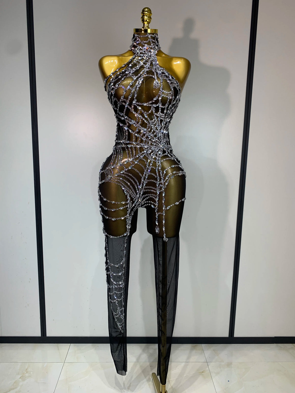 Sparkly Diamond Mesh Jumpsuit for Women - Sexy Rhinestone Nightclub, Stage Performance, Go-Go Dancer, and Drag Queen Costume