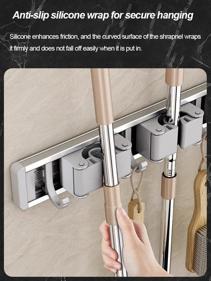 Wall-Mounted Mop & Broom Organizer — Strong Mop Holder Rack with 5 Hooks for Hanging Brooms and Cleaning Tools