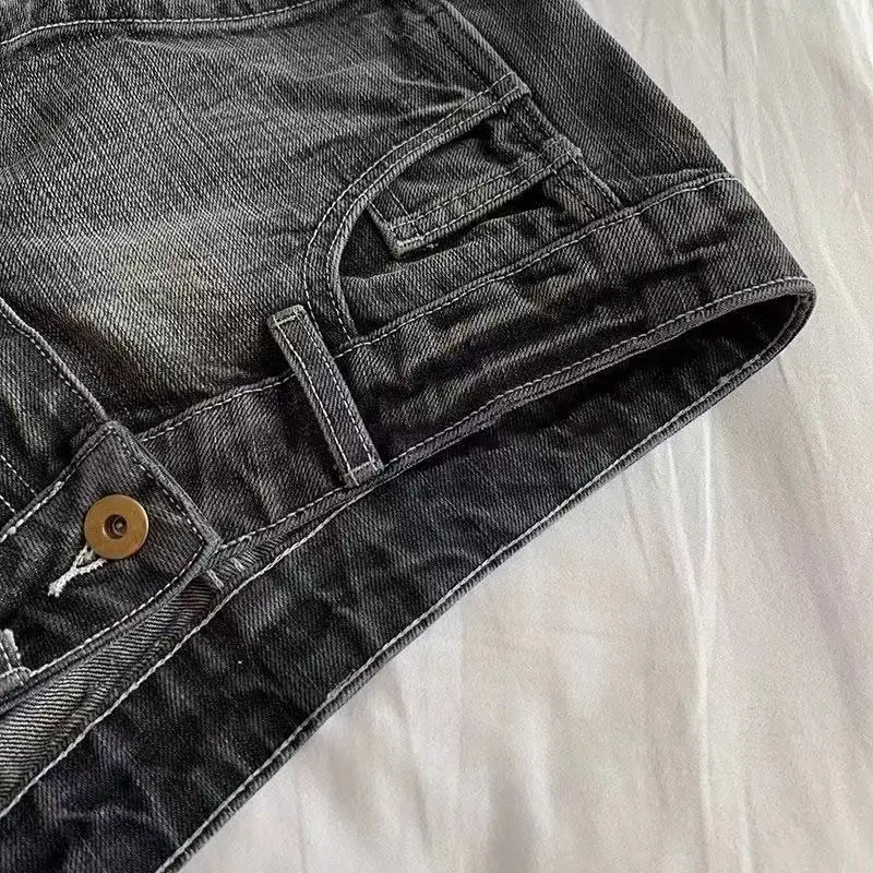 Vintage Women’s Denim Shorts – Low Waist Elastic Skinny Black & Grey Washed Summer Hot Jeans