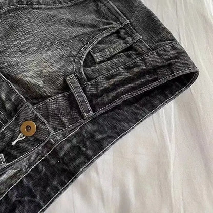 Vintage Women’s Denim Shorts – Low Waist Elastic Skinny Black & Grey Washed Summer Hot Jeans