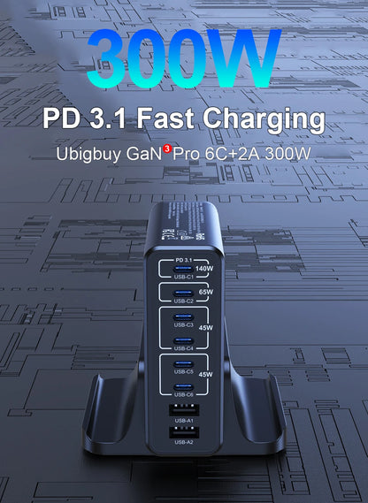 Ubigbuy 300W Multi-Port GaN Charger - USB-C 140W PD 3.1 & PPS 100W Charging Station for MacBook Pro M2, iPhone 15/14, Galaxy
