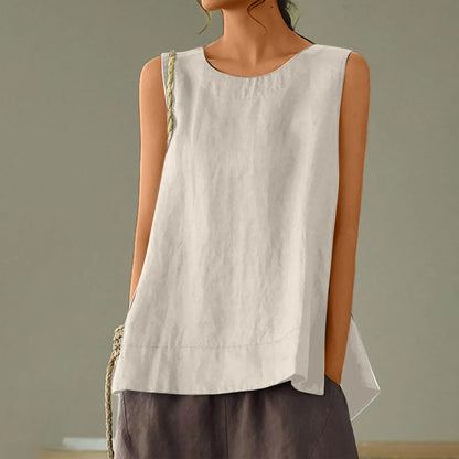 Women’s Summer Oversized Linen Vest Top - Retro Solid Color Sleeveless Round Neck Casual Breathable Shirt