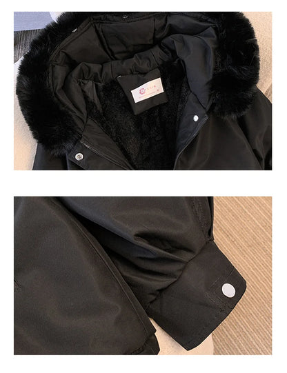 Fleece-Lined Hooded Down Jacket for Women – Warm Padded Parka, Casual Korean Streetwear Winter Coat