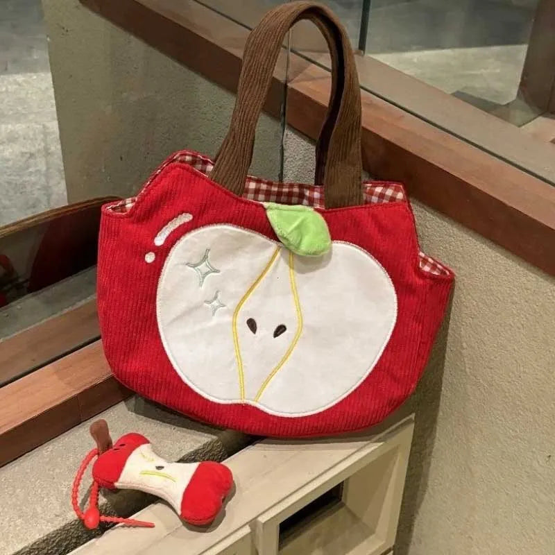 Red Apple Corduroy Shoulder Bag - Cute Canvas Handbag with Apple Pendant for Casual Outings
