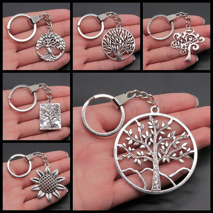 New Fashion Men 30mm Metal Alloy Keychain with Vintage Heart, Flower, Rose, Sunflower & Tree Pendant DIY Keyring Holder Chain Accessory