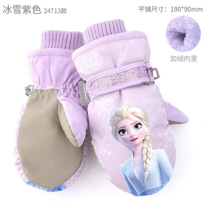 Hasbro Princess Elsa Finger Ski Gloves - Cute Kawaii Velvet, Thickened & Waterproof Gloves for Girls, Warm Winter Kids Gloves