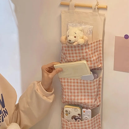 Pink Wall Storage Bag Rack - Canvas Hanging Organizer for Books, Jewelry & Bedroom Accessories