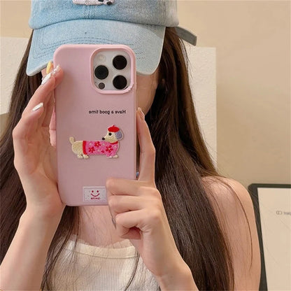 Cute Cartoon Dachshund iPhone Case – Litchi Texture Cover for iPhone 11–17 Pro/Pro Max/Plus/XS Max/XR