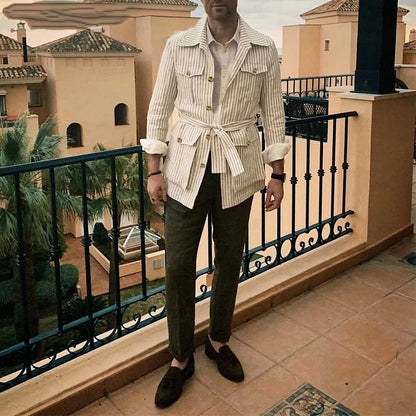 Men’s Spring Light Luxury Striped Long Sleeve Shirt with Pocket, Casual Button-Down Streetwear Shirt with Belt S–5XL 2025 Edition