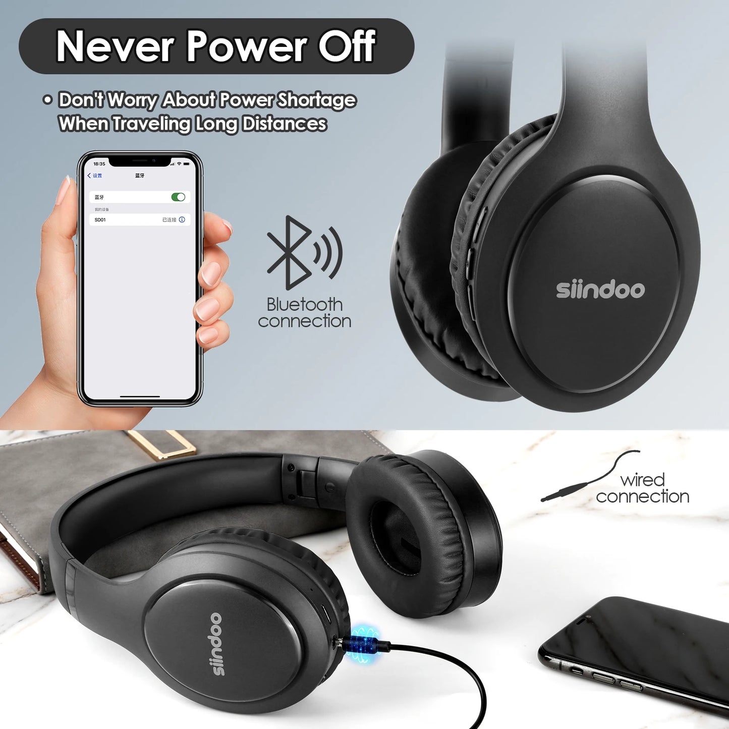 Siindoo JH-919 Foldable Wireless Headphones – Bluetooth Stereo Earphones with Mic & Super Bass, 4 Colors for iPhone, Laptop, PC