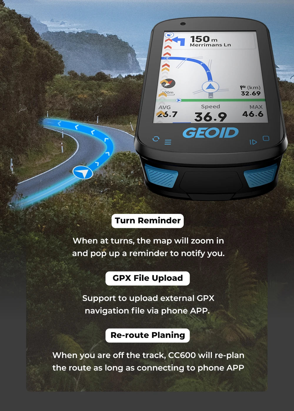 GEOID CC600 Bike Computer – Color Screen Smart GPS Speedometer with Wireless ANT+, WIFI, 11 Languages & Cycling Odometer