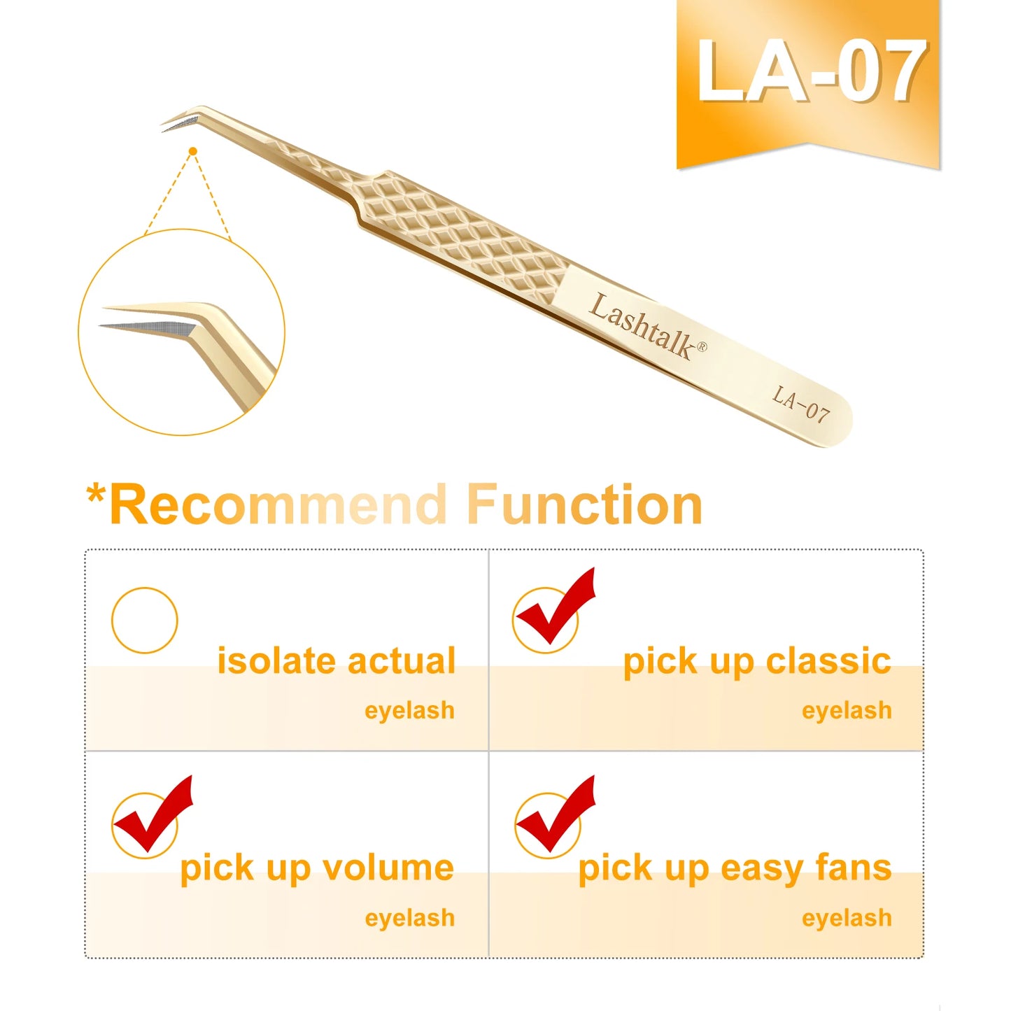 Lashtalk Precision Fiber Tip Tweezer - Diamond Grip Anti-Slip Gold Stainless Steel for Eyelash Extensions Makeup by Nagaraku