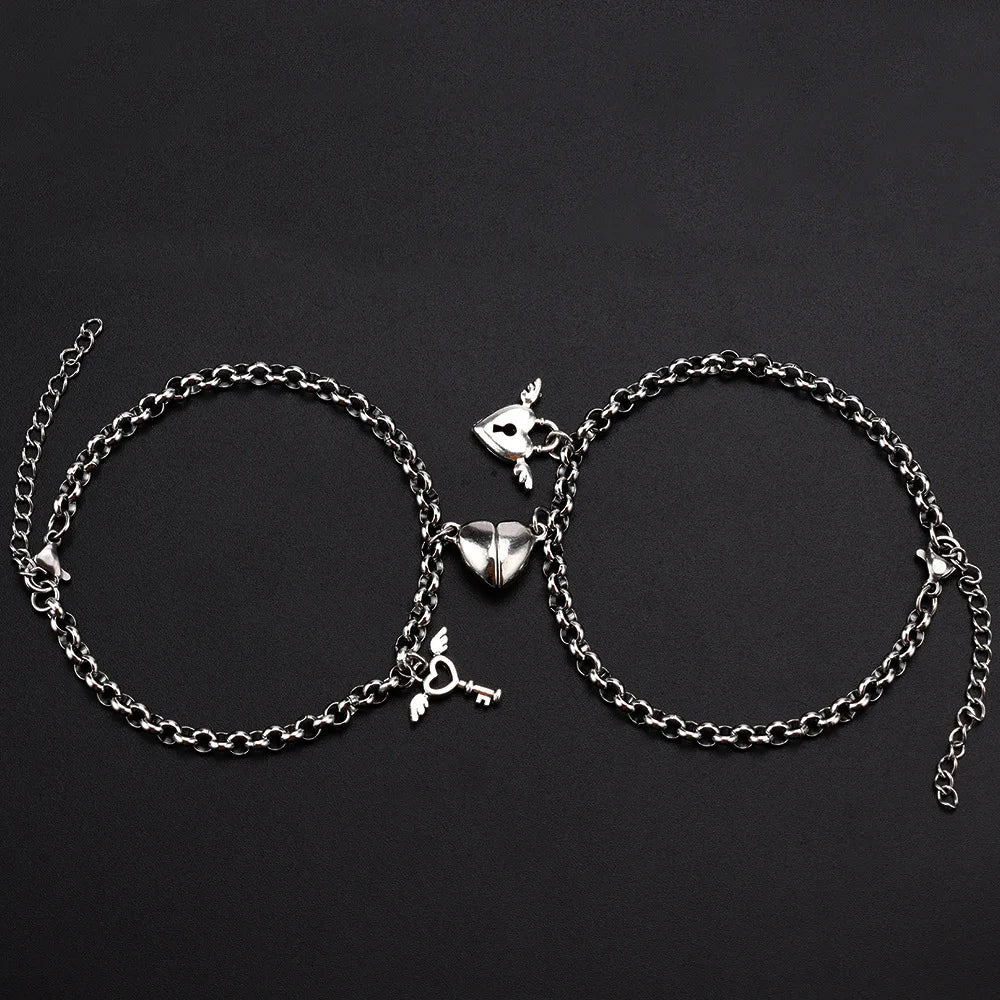 2-Piece Magnetic Couple Bracelet Set - Stainless Steel Heart Charm Cuban Chain Jewelry Gifts