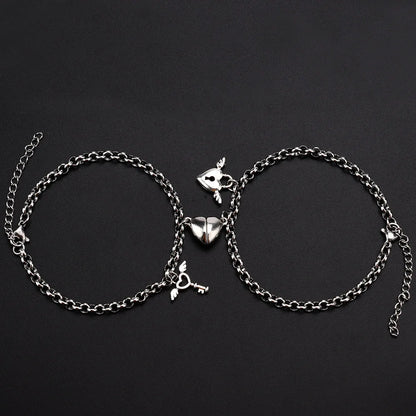 2-Piece Magnetic Couple Bracelet Set - Stainless Steel Heart Charm Cuban Chain Jewelry Gifts
