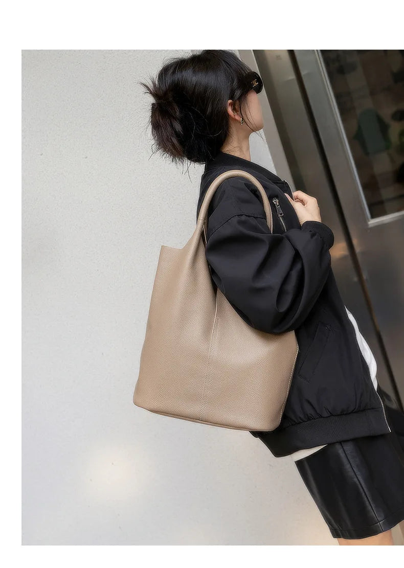 Genuine Leather Women’s Commuter Tote Bag — Soft Cowhide Shoulder Handbag, Large Capacity Bucket Bag, 2025 New