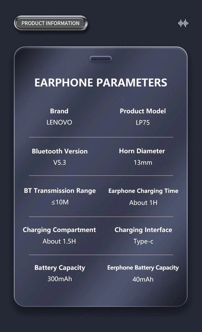 Lenovo LP75 TWS Sports Earphones — Bluetooth 5.3 Wireless, Waterproof HiFi Stereo, Noise-Reducing Earbuds with Mic