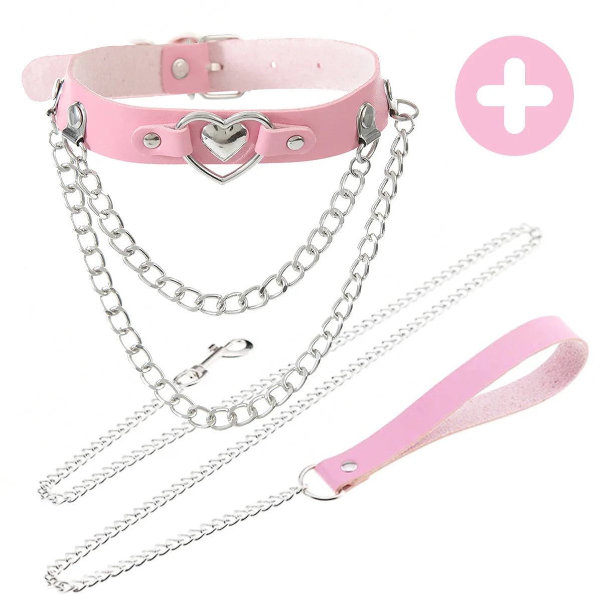 Pink Gothic Punk Collar Necklace - Cute Adjustable Couple Role-Play Choker with Matching Lanyard, Gift for Her