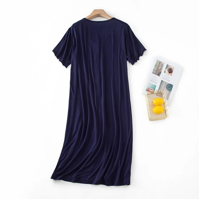 Women’s Modal Short-Sleeve Night Dress – Mid-Length Cotton Sleep Top with Buttons, Plus Size Pajamas