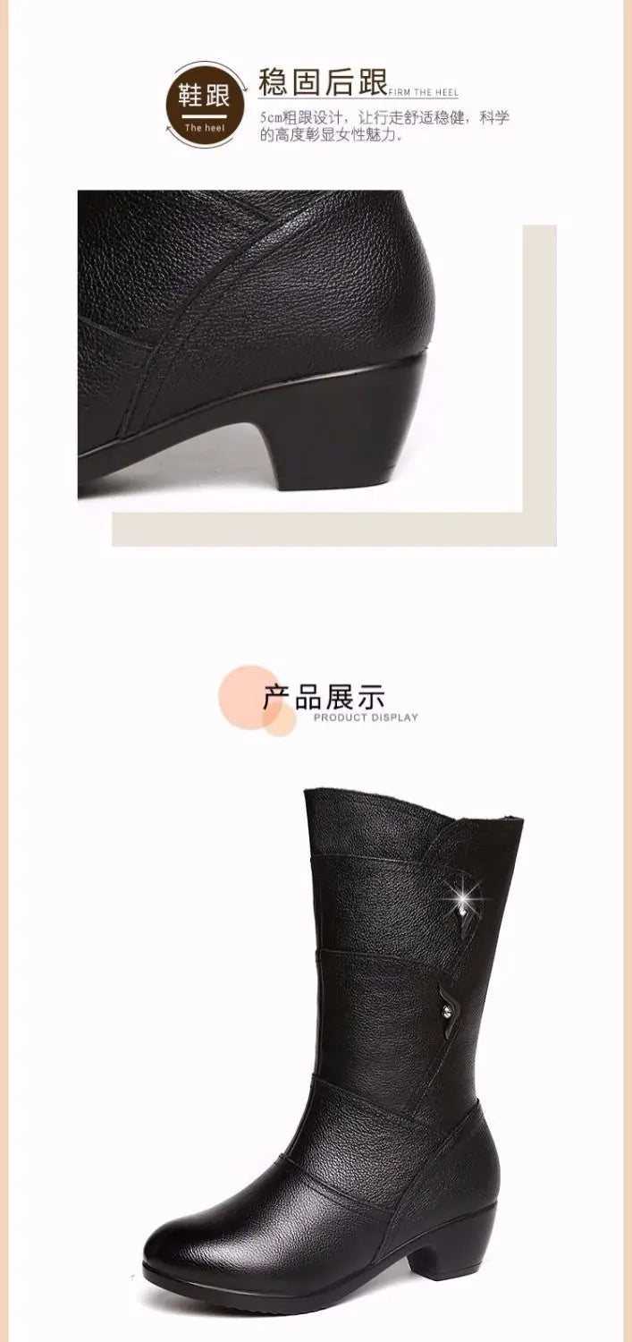 2024 Women’s Fashion Mid-Calf Boots – Waterproof Leather, Anti-Slip Zipper Winter Footwear