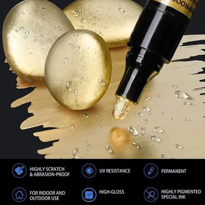 Chrome Paint Marker Pen - Waterproof Gold & Silver Metallic Repair Marker for Glass, Ceramic, Rock & Metal, 2mm Nib