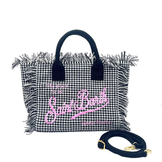 SAINT BARTH Houndstooth Crossbody Bag – Small Cotton Linen Handmade Tote with Tassels for Women