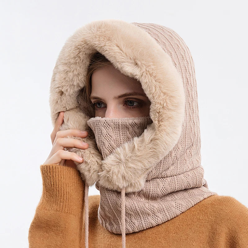 Winter Fur Cap Mask Set – Hooded Knitted Cashmere Neck Warmer, Plush Windproof Balaclava Ski Beanie for Women