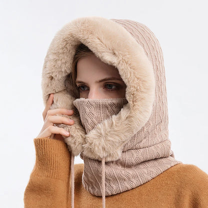 Winter Fur Cap Mask Set – Hooded Knitted Cashmere Neck Warmer, Plush Windproof Balaclava Ski Beanie for Women