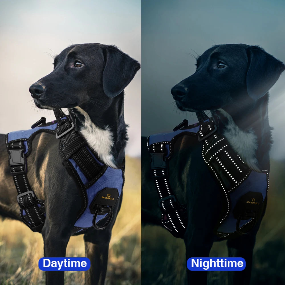 MASBRILL Reflective Nylon No-Pull Dog Harness: Adjustable Vest for Medium to Large Dogs - Safety Vehicular Lead for Walking and Running
