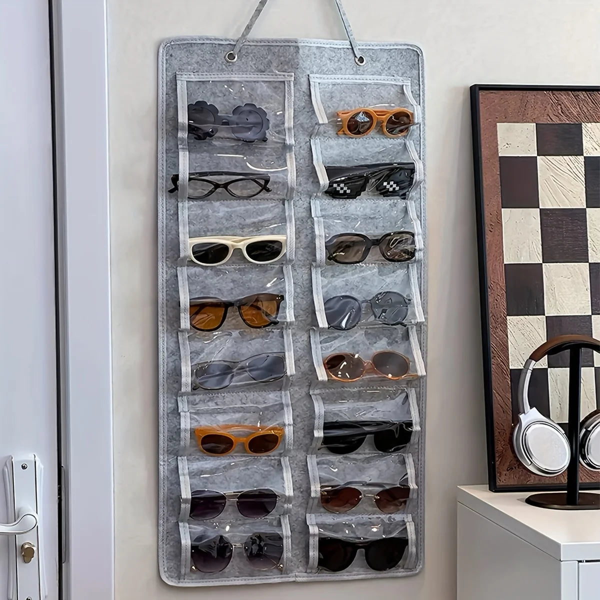 16 Slot Eyeglass Organizer - Felt Wall Mounted Sunglasses Holder with Dustproof Pocket Storage Display Bag
