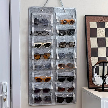 16 Slot Eyeglass Organizer - Felt Wall Mounted Sunglasses Holder with Dustproof Pocket Storage Display Bag