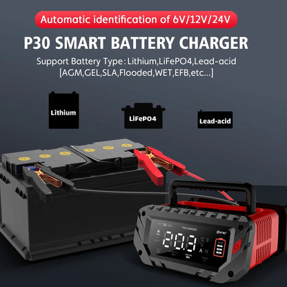 12V/30A & 24V/16A Smart Car Battery Charger — 6V/10A Motorcycle Battery Repair for AGM, GEL, Lithium & LiFePO4 Batteries