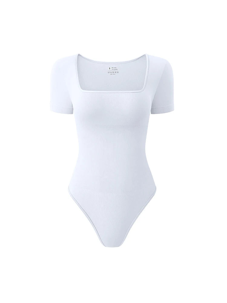 Women’s Early Autumn Square Neck Seamless Bodysuit – Short Sleeve Solid Color Body Shaping Jumpsuit Top
