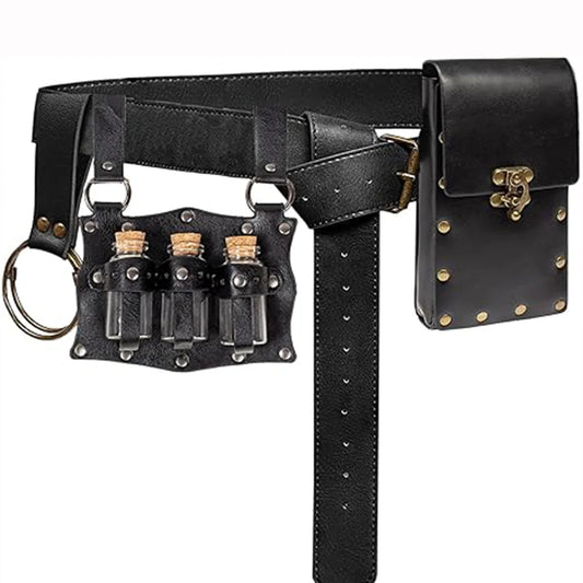 Renaissance Leather Belt Pouch Set – 3 Potion Bottles Holder for Medieval Festival, Halloween Costume