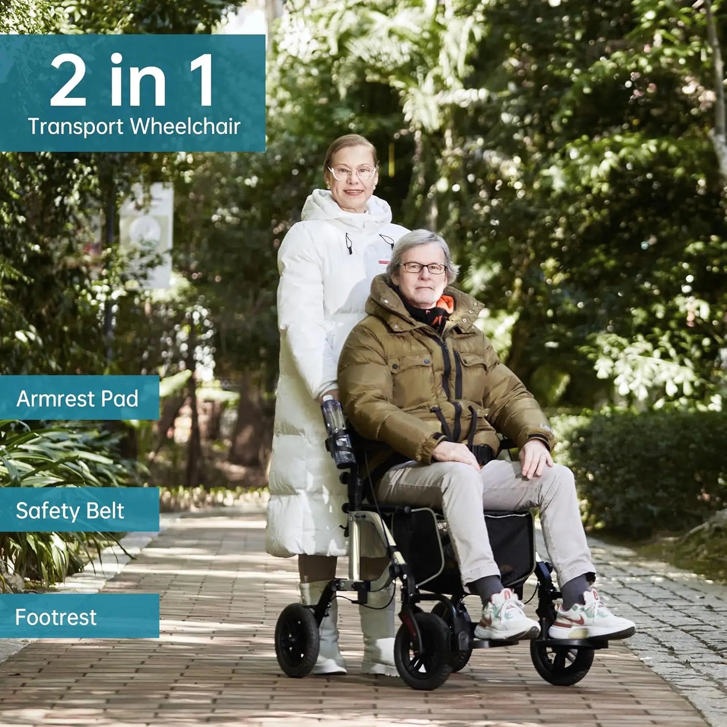 All-Terrain 2-in-1 Rollator & Transport Chair — Folding Wheelchair with 10" Non-Pneumatic Wheels