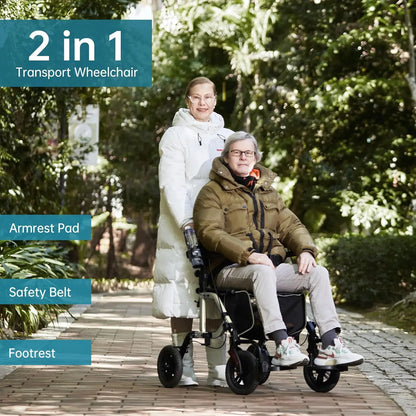 All-Terrain 2-in-1 Rollator & Transport Chair — Folding Wheelchair with 10" Non-Pneumatic Wheels