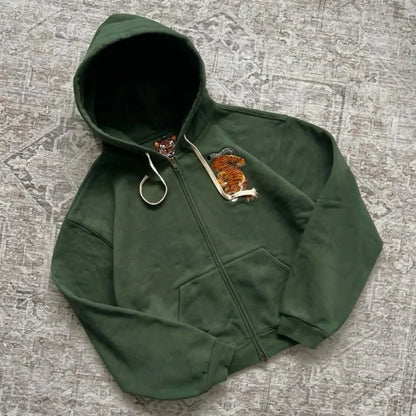 Y2K Tiger Embroidered Hoodie - Oversized Unisex Zip Up Sweatshirt with Kangaroo Pocket