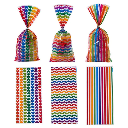 50pcs Rainbow Striped Flat Pocket Candy Cookie Bread Gift Bags - Baked Snacks Candy Bundle Pockets
