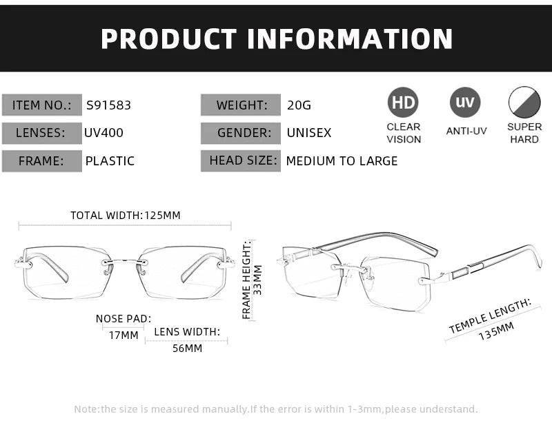 Fashion Rimless Sunglasses – Classic Small Square Frameless Shades for Men & Women, Summer Travel Eyewear
