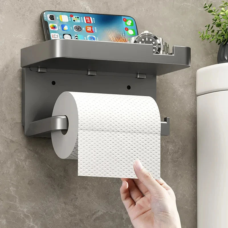 Bathroom Wall-Mounted Toilet Paper Holder with Storage Rack: Organizer for Seasoning Bottles, Kitchen Towels, and Phone