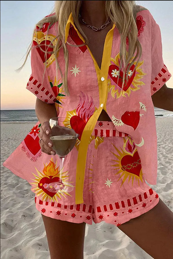 Women’s Summer 2-Piece Set – Lapel Short-Sleeve Shirt & Shorts, Elegant Loose Printed Outfit