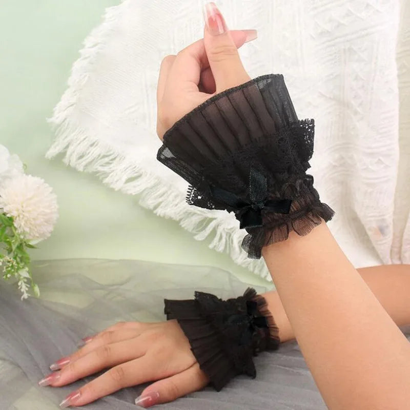 Gothic Lolita Lace Wrist Cuffs - Bowknot Maid Cosplay Accessories for Women & Girls