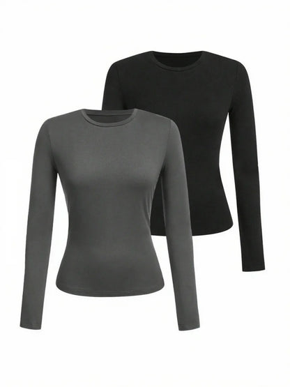 Women's Solid Color Long Sleeve T-Shirt – Round Neck Knitted Polyester Regular Fit Fall Winter Top