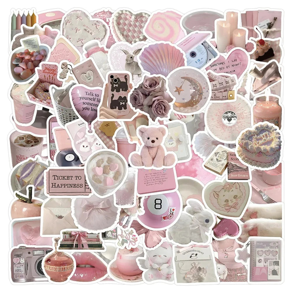 Cute Pink Cartoon Stickers - Aesthetic Decals for Laptop, Phone, Diary, Scrapbook and Kids DIY Crafts